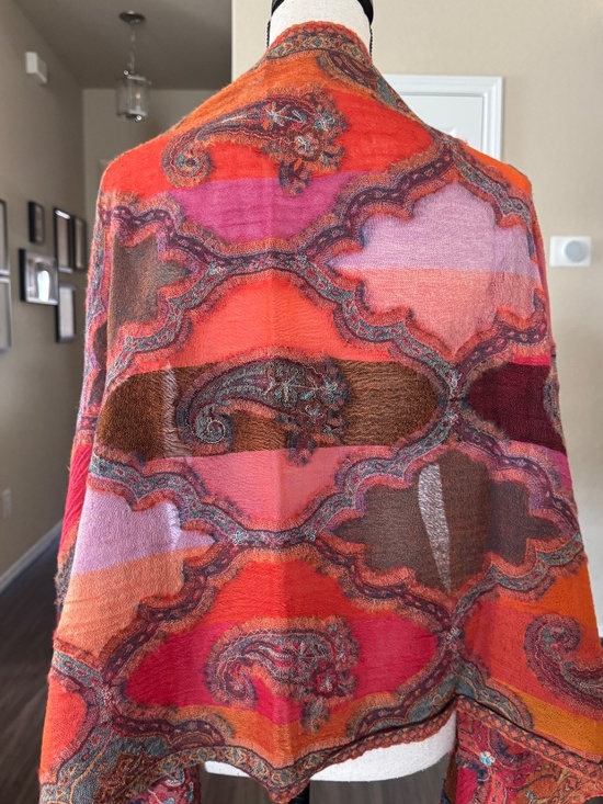None Accessories - Wool Paisley Scarf Orange Red Boho Shawl Wrap Fringed Fall Winter Women's